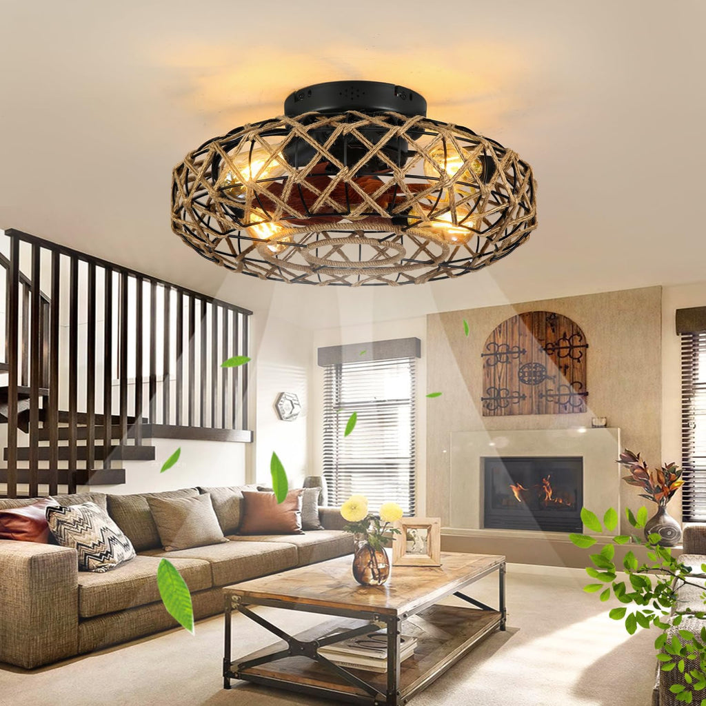 20''Rustic Hemp Rope Caged Ceiling Fans with Lights and Remote Hand-Woven Rattan Flush Mount Ceiling Fan with Light Farmhouse Boho Include Bulbs 6 Speeds Reversible for Bedroom,Kitchen Island