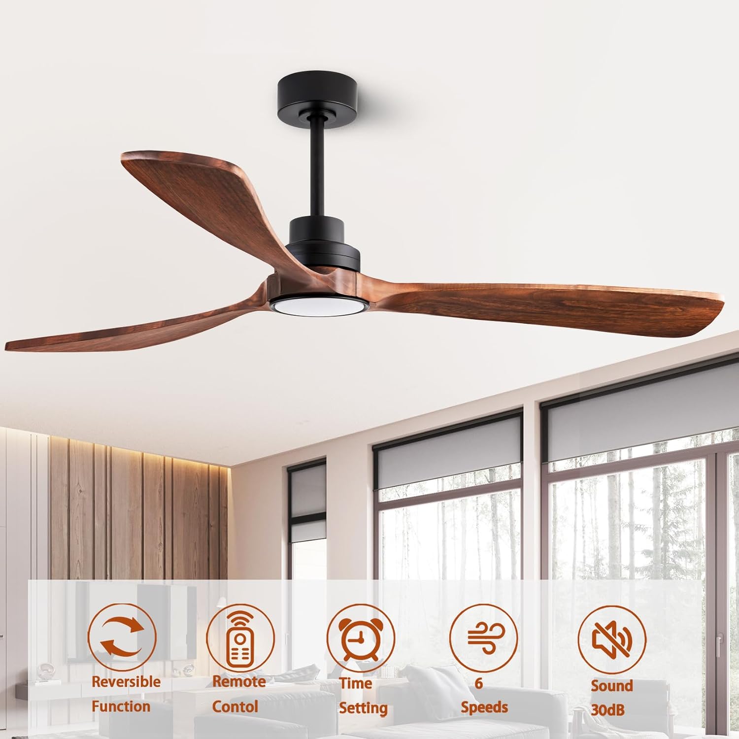 60' Ceiling Fans with Lights with Remote Control, Indoor Outdoor Wooden Ceiling Fan with 3 Wooden Blades for Patio, Living Room, Office, Farmhouse, etc. (Black + Walnut)…