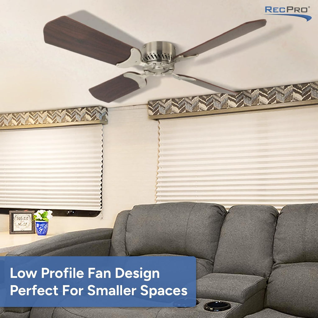 RecPro RV 12V Ceiling Fan | 4-Blade | 4-Speed | Near Silent Operation | Reversing Direction Wall Control (Brushed Nickel: Cherry Blades, 42')