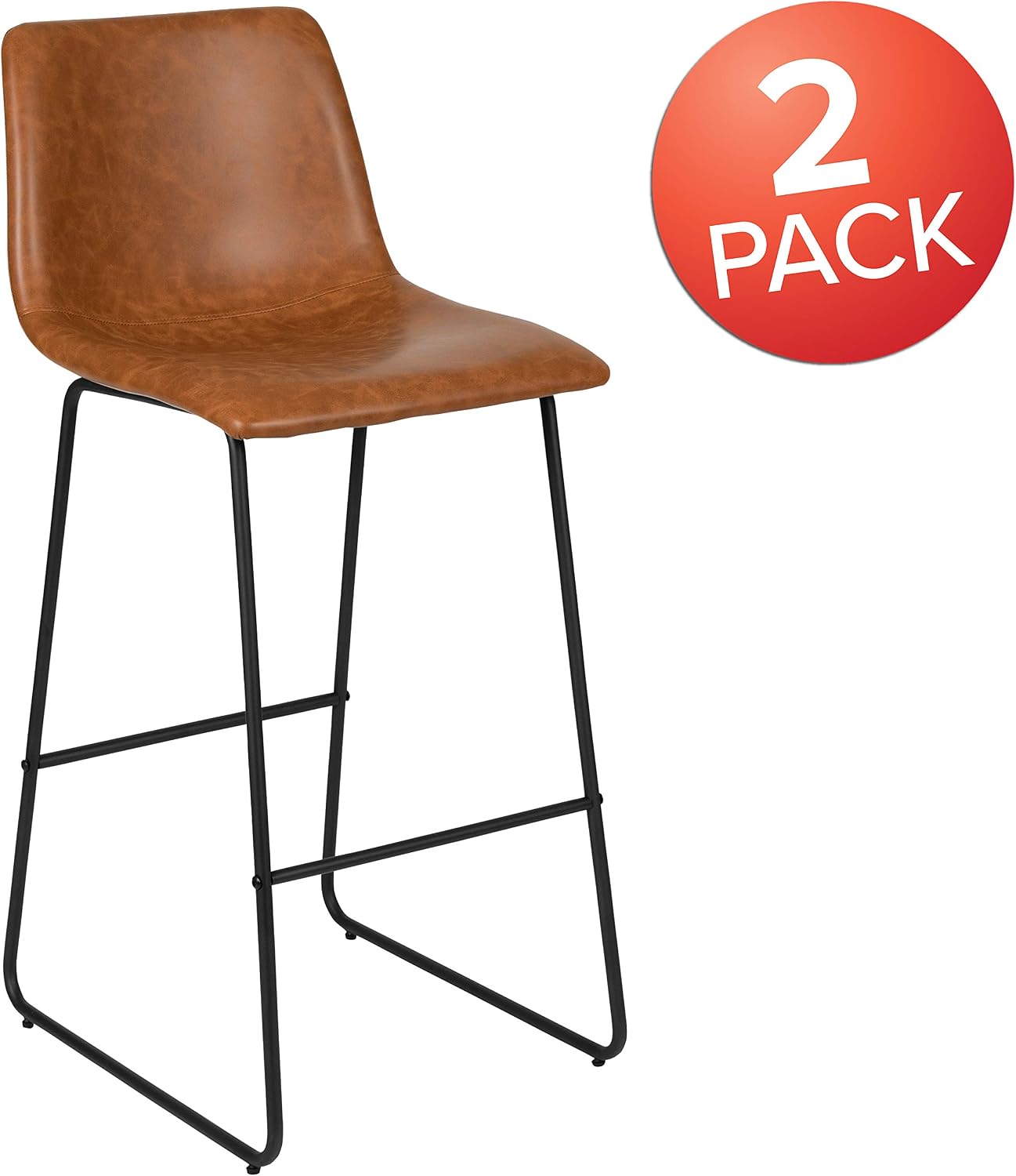 Flash Furniture Reagan 30' LeatherSoft Barstools with Footrest, Mid-Century Modern Bucket Style Bar Height Stools, Set of 2, Light Brown