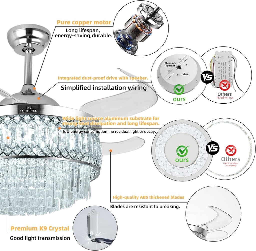 Retractable Crystal Ceiling Fan with Lights, Bluetooth Ceiling Fan with Speaker, 6-Speed Reversible Blades, RGB-LED Light, Remote & APP Control Crystal Chandelier for Bedroom Living Room 42'
