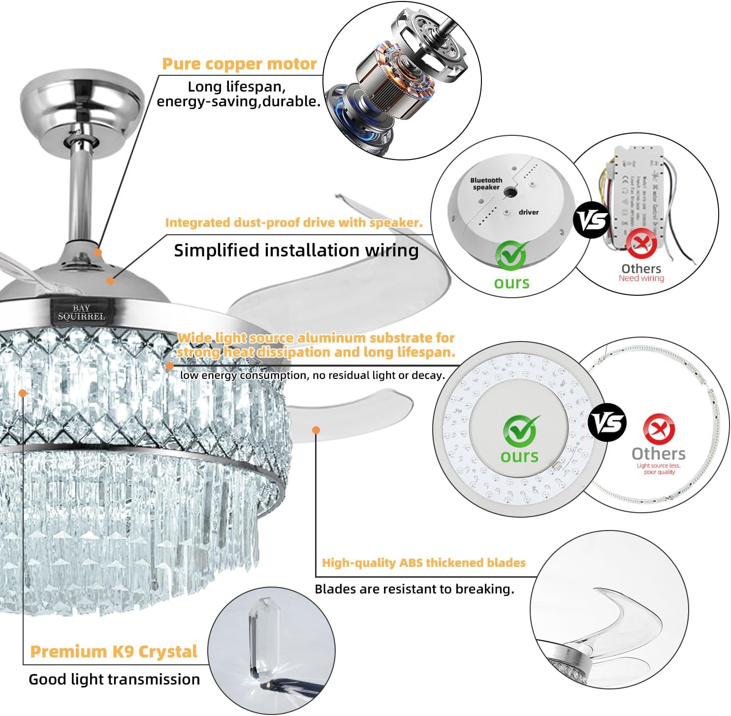 Retractable Crystal Ceiling Fan with Lights, Bluetooth Ceiling Fan with Speaker, 6-Speed Reversible Blades, RGB-LED Light, Remote & APP Control Crystal Chandelier for Bedroom Living Room 42'