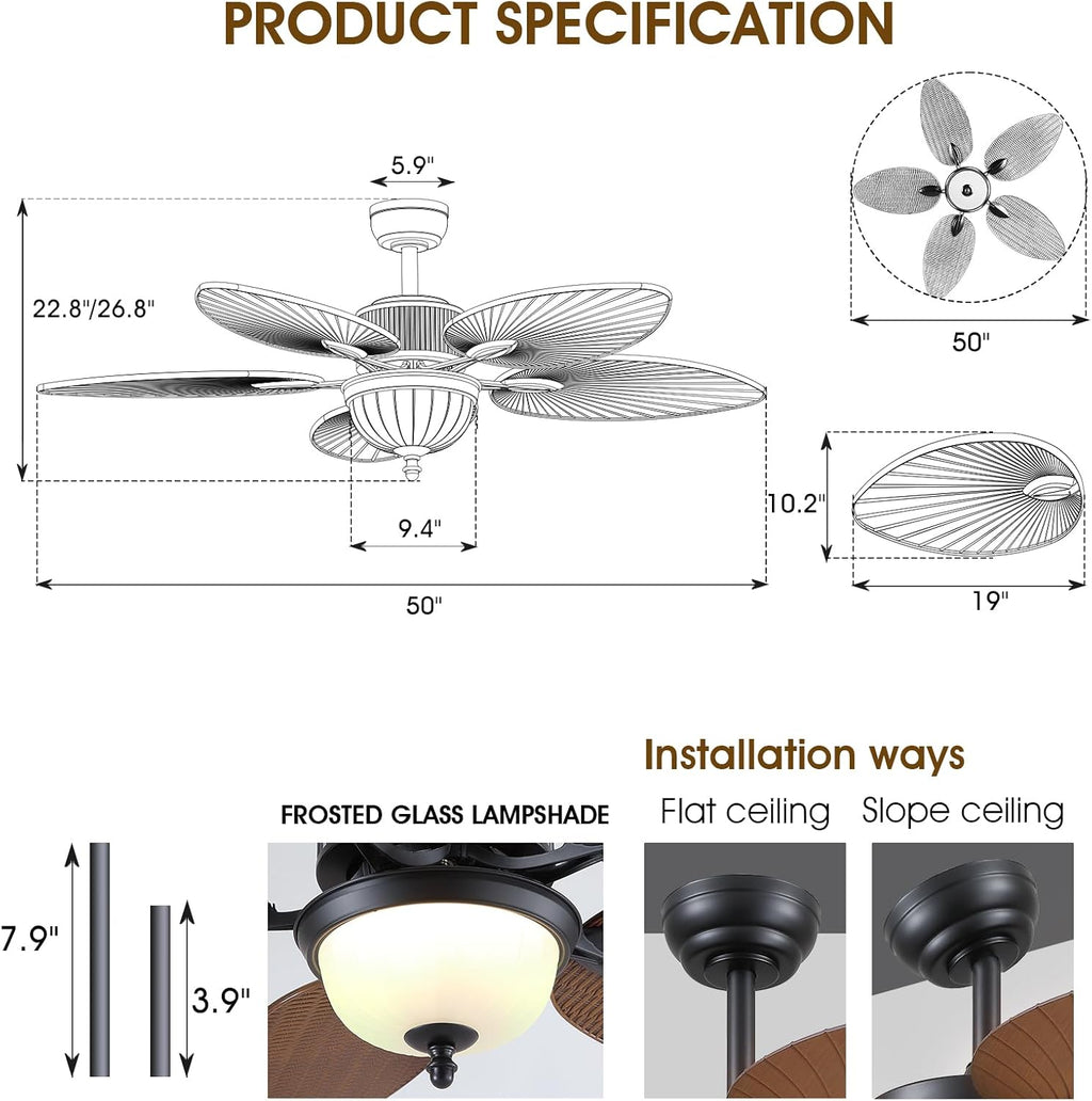 Wiviniya 50 Inch Tropical Ceiling Fans with Lights, Palm Leaf Waterproof Outdoor Ceiling Fan for Patios Porch, Remote/APP Control, Wet Rated, Glass Lampshade, Quiet DC Motor, Dimmable LED, Brown