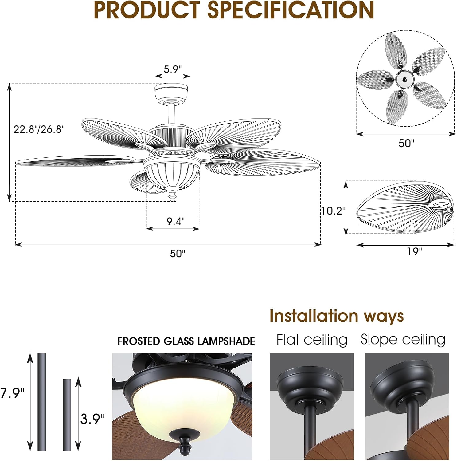 Wiviniya 50 Inch Tropical Ceiling Fans with Lights, Palm Leaf Waterproof Outdoor Ceiling Fan for Patios Porch, Remote/APP Control, Wet Rated, Glass Lampshade, Quiet DC Motor, Dimmable LED, Brown