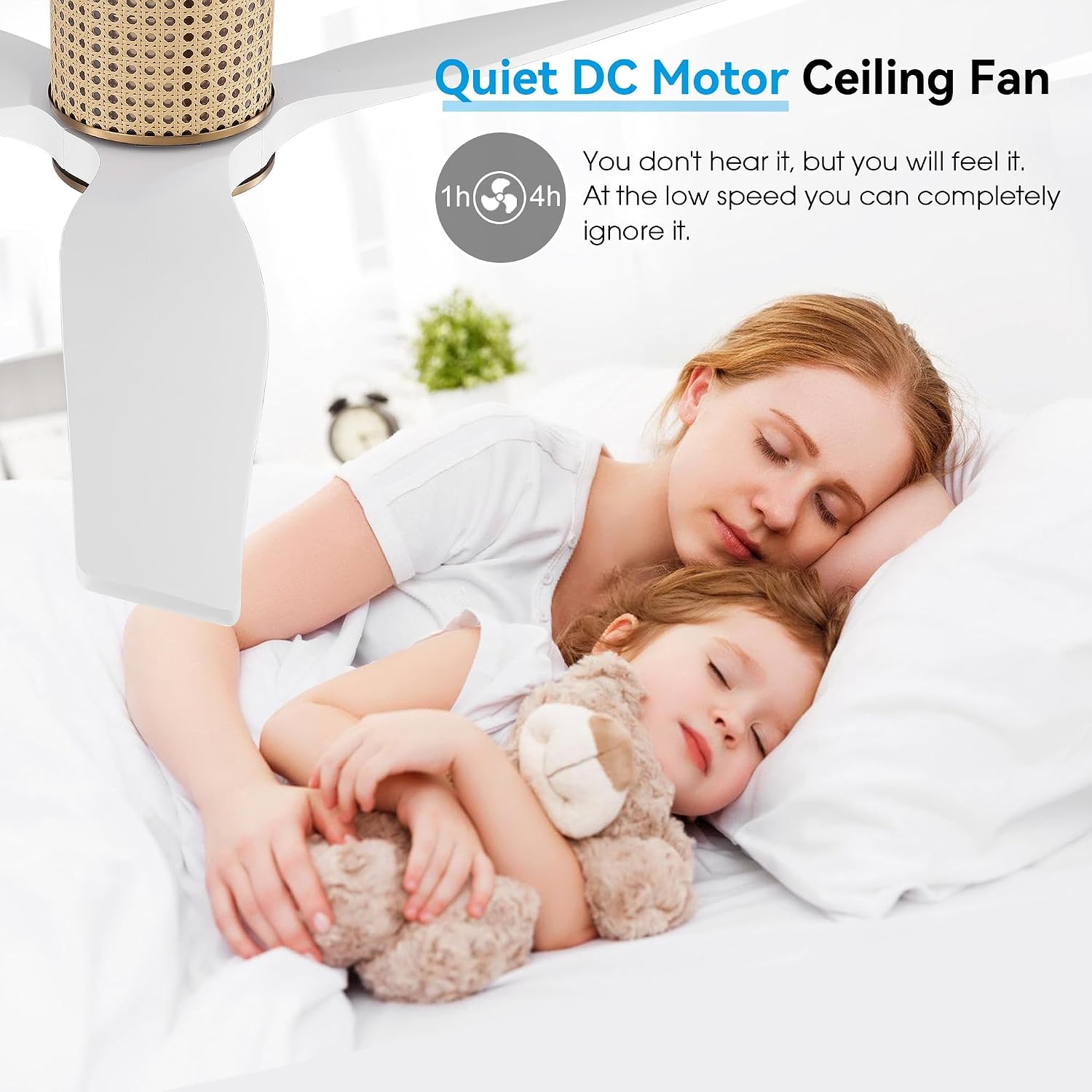 LEDLUX 48' Ceiling Fan No Light - Low Profile Flush Mount Ceiling Fan, 6-Speed Remote Control, Solid Wood, Quiet Reversible DC Motor, White/Gold Finish, for Bedroom, Living Room, Porch