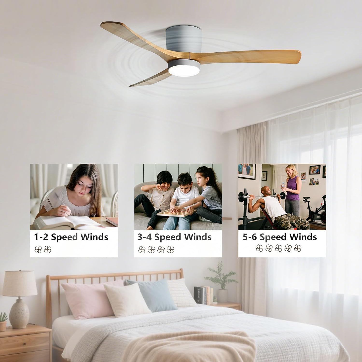 48' Quiet Ceiling Fan with LED Lights - 6 Speed Remote, 3 Color Temperatures, Modern Wood Flush Mount Ceiling Fans for Bedroom, Living Room, Dining Room
