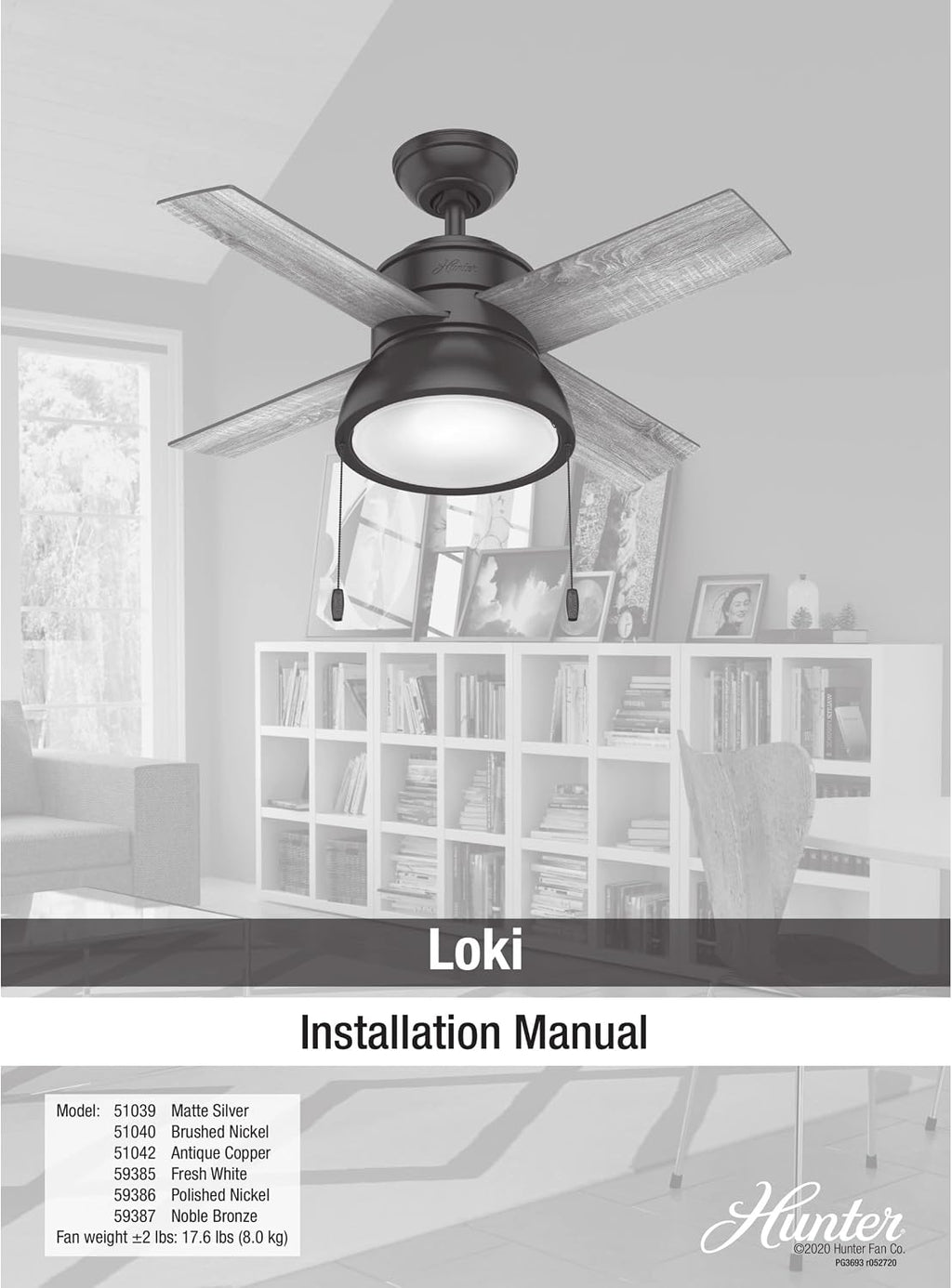 Hunter 36 inch Small Indoor Ceiling Fan with LED Light and Pull Chain - Standard Mount Ceiling Fan, 4 Blades, For Bedroom, Home Office, or Laundry Room, Quiet - Loki 51040, Brushed Nickel