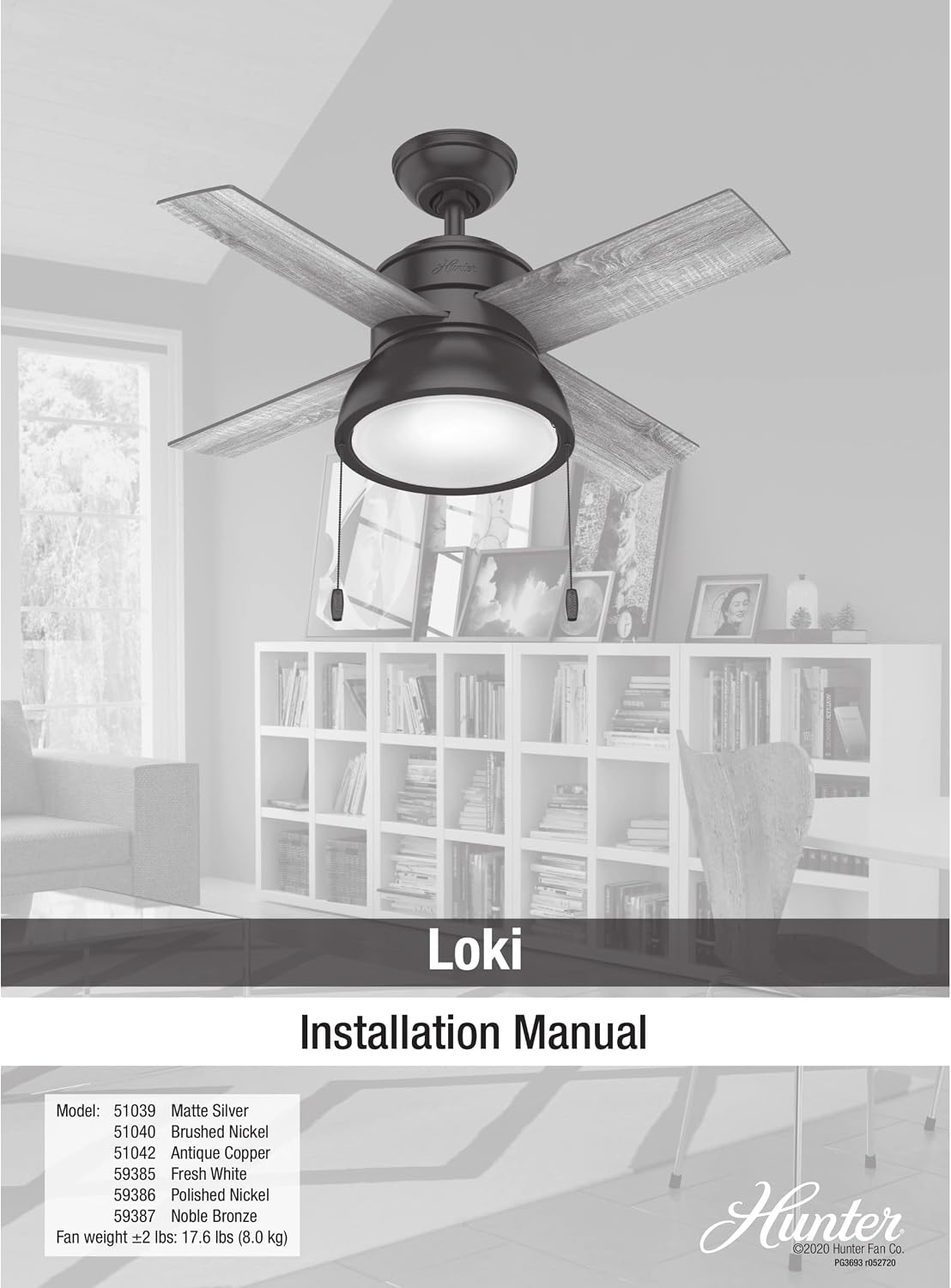 Hunter 36 inch Small Indoor Ceiling Fan with LED Light and Pull Chain - Standard Mount Ceiling Fan, 4 Blades, For Bedroom, Home Office, or Laundry Room, Quiet - Loki 51040, Brushed Nickel