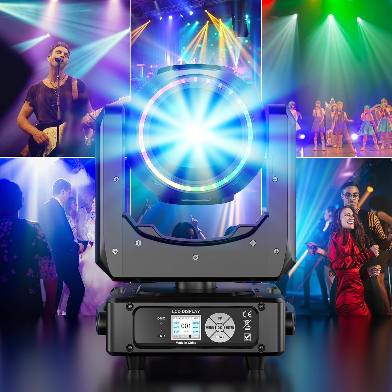 10Pack 230W 7R Moving Head Light with RGB Halo Strip,Ultra-Bright 230,000 Lux 48-Facet Prism 15 Gobos 14 Colors Stage Light DMX512 Sound Activated Beam DJ Lights for Concert Large Venue Touring