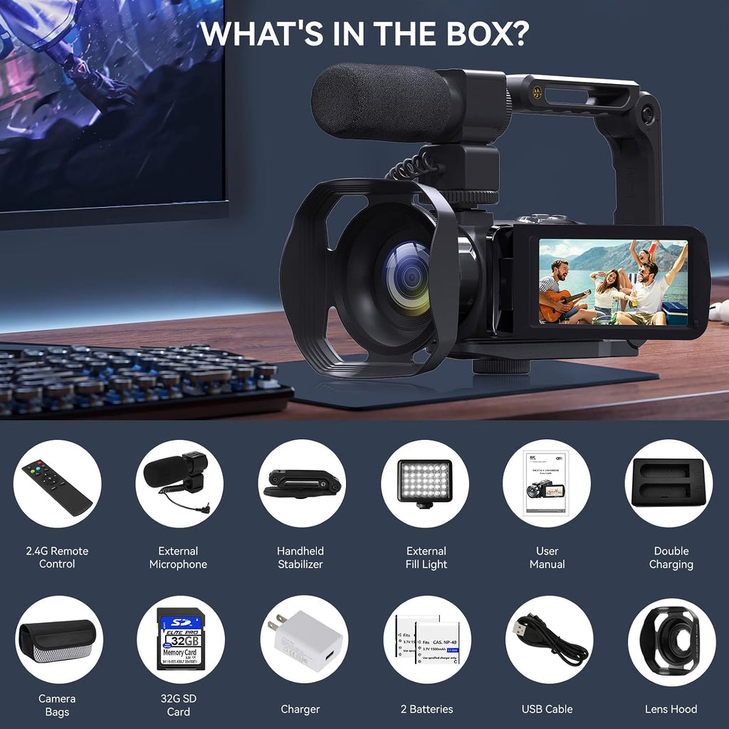 Video Camera, 8K Camcorder 48MP Vlogging Camera for YouTube 18X Digital Zoom 3' Touch Screen with WiFi, External Mic, Fill Light, Remote Control, 32GB SD Card & 2 Batteries