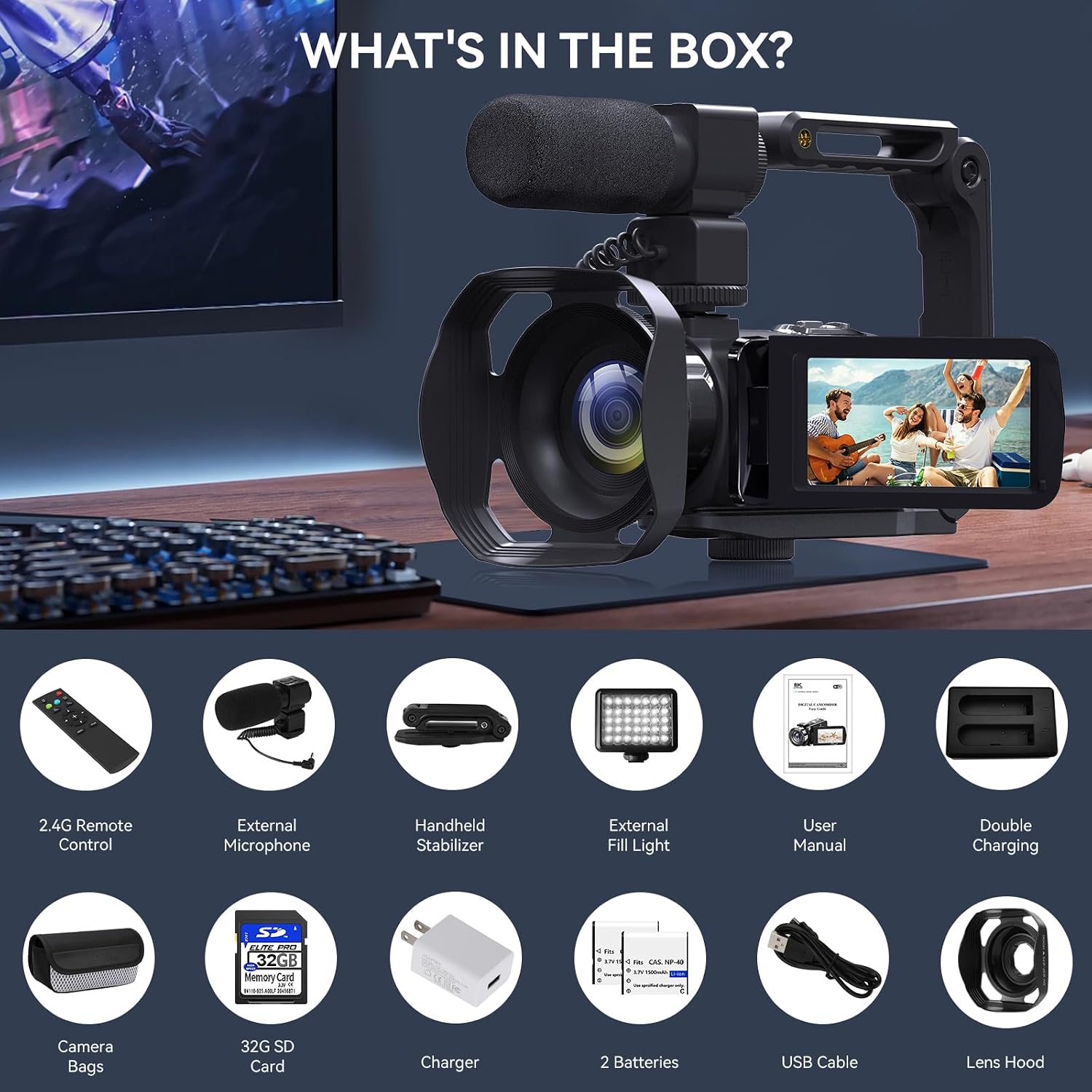 Video Camera, 8K Camcorder 48MP Vlogging Camera for YouTube 18X Digital Zoom 3' Touch Screen with WiFi, External Mic, Fill Light, Remote Control, 32GB SD Card & 2 Batteries
