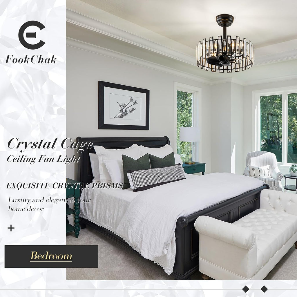 Crystal Caged Ceiling Fan Light with Remote Control Modern Black Crystal Ceiling Light with Fan Reversible 18in Fandelier for Bedroom Kitchen Dining Room Living Room