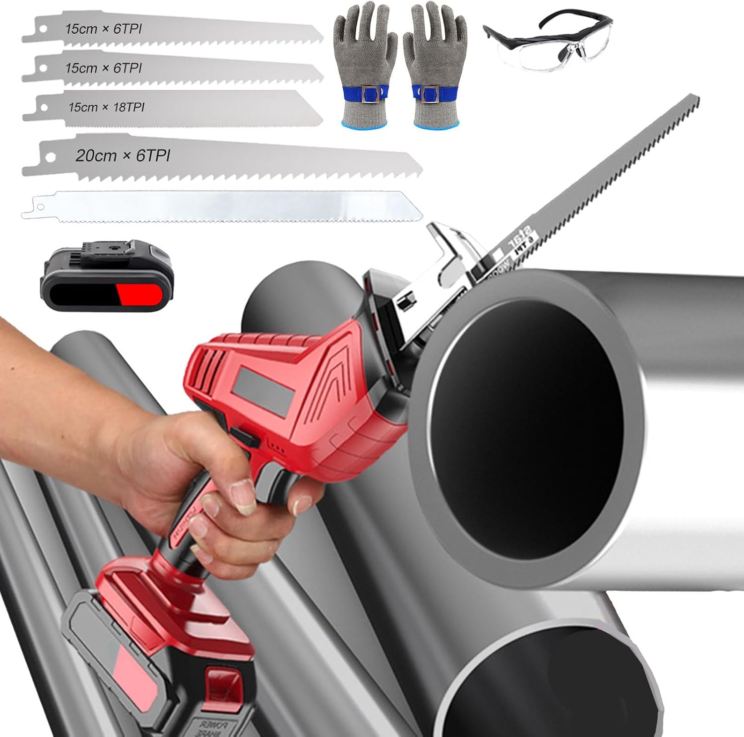 Cordless Professional Butcher Reciprocating Saw-Electric Bone Saw for Cutting Wood/Metal/PVC/Meat/Bones,Battery Powered Bone Meat Cutter for Home/Commercial Use,with 5 Blades &Storage Box,1Battery