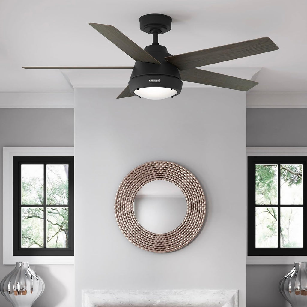 Hunter Fan 52 Inch Matte Black Indoor Ceiling Fan with LED Light and Remote Control for Bedroom, Living Room/Family Room, Office, Basement, Kitchen, Dining Room (Renewed)