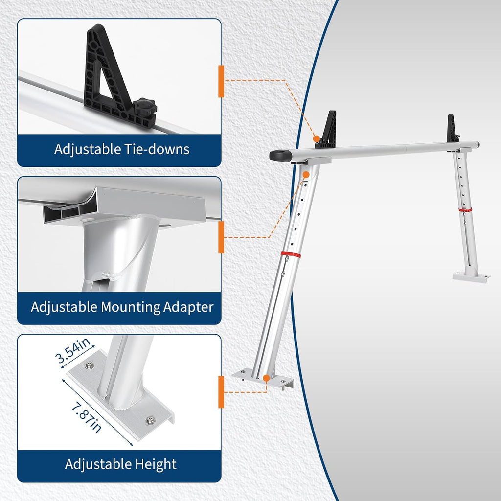 Adjustable Aluminum Truck Ladder Rack 35.4–71 in, 800 LB Heavy-Duty Pickup Bed Cargo System with Drilling Mount for Kayak, Surfboard, Lumber & Work Equipment - Silver