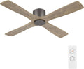 WINGBO 48 Inch Flush Mount DC Ceiling Fan without Lights, 4 Reversible Carved Wood Blades, 6-Speed Noiseless DC Motor, Hugger Ceiling Fan No Lights in Graphite Finish with Gray Blades, ETL Listed