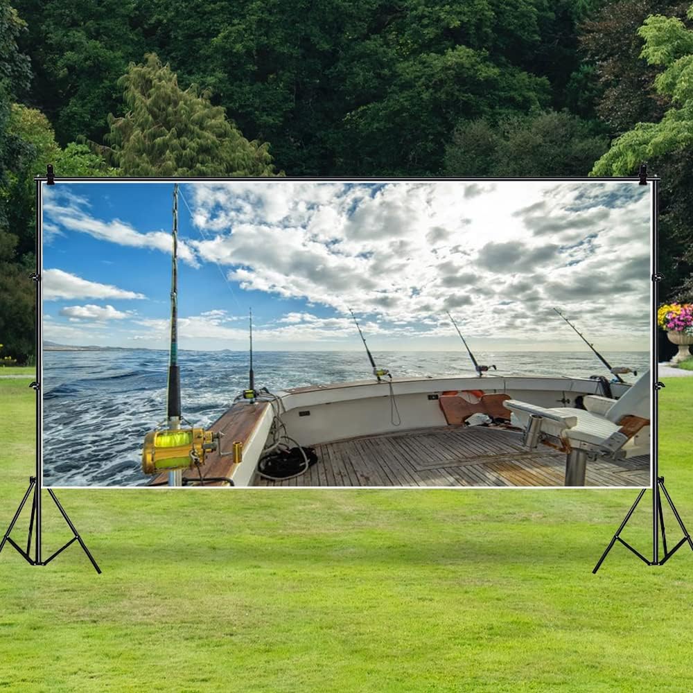 AOFOTO 20x10ft Sea Landscape Backdrop Fishing Boat Fishing Poles Blue Sky White Cloud Photography Background Anglers Vacation Video Displays TV Film Production Studio Prop Video Drape