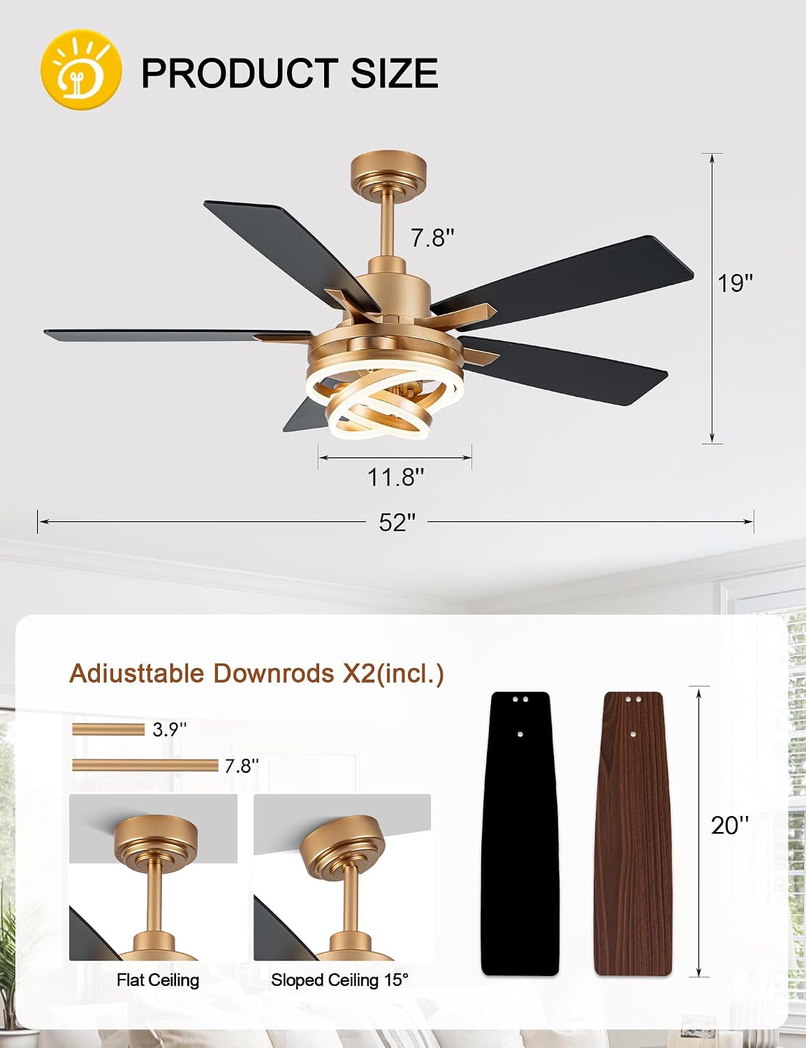 Dawn Whisper 52' Gold Ceilling Fans with Lights Modern Chandelier Fan Fandelier Ceiling Fan with Light for Bedroom, Living Room DC Motor Reversible Dimmable LED