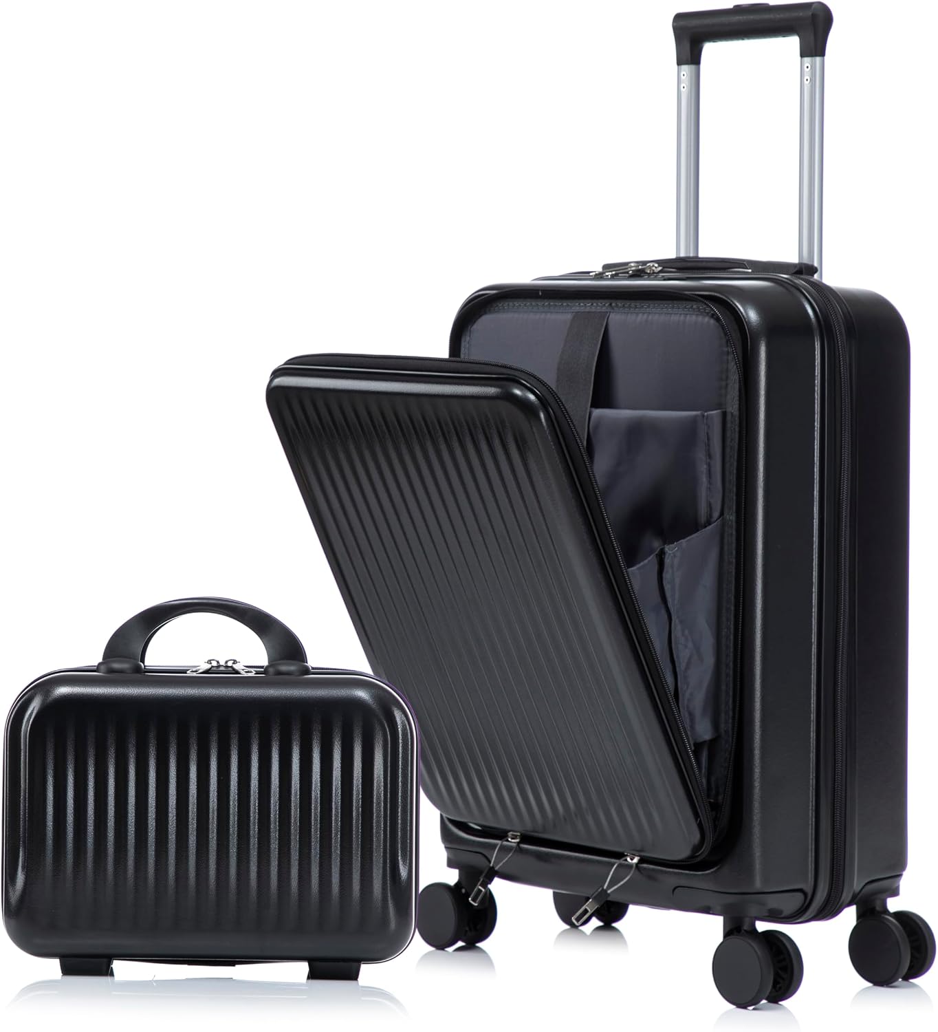 Two-piece luggage set with swivel wheels black hard shell 20-inch carry-on and 14-inch vanity case (Black)
