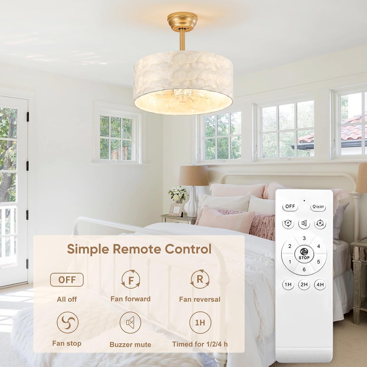 Boho Chandelier Ceiling Fan, Capiz Shell Fandelier Ceiling Fan with Light and Remote Control, Coastal Caged Ceiling Fan for Bedroom,Living Room,Nursery,Foyer(6 Speed, Timing,Adjustable Height)
