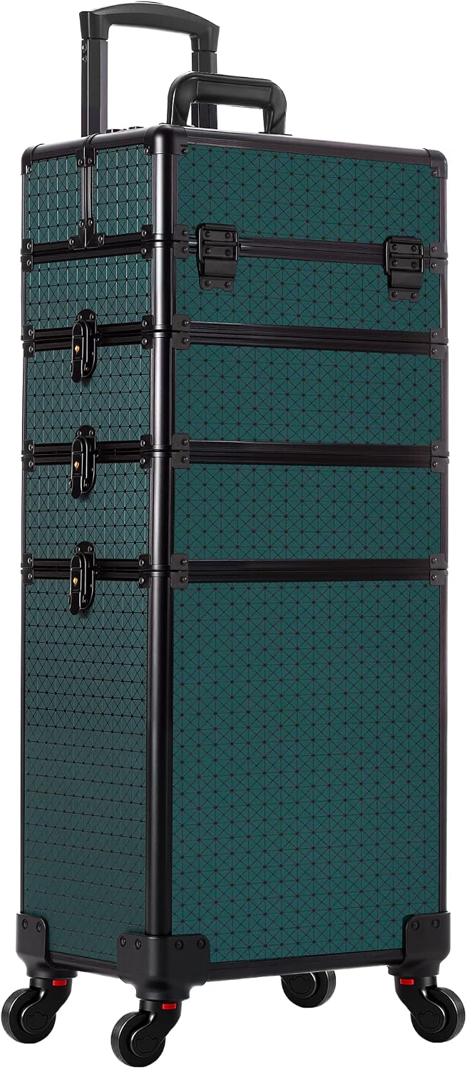 AROUS Rolling Makeup Train Case 4 in 1 Cosmetology Case on Wheels Large Storage Cosmetic Trolley with Key Salon Barber Traveling Cart Trunk, Green