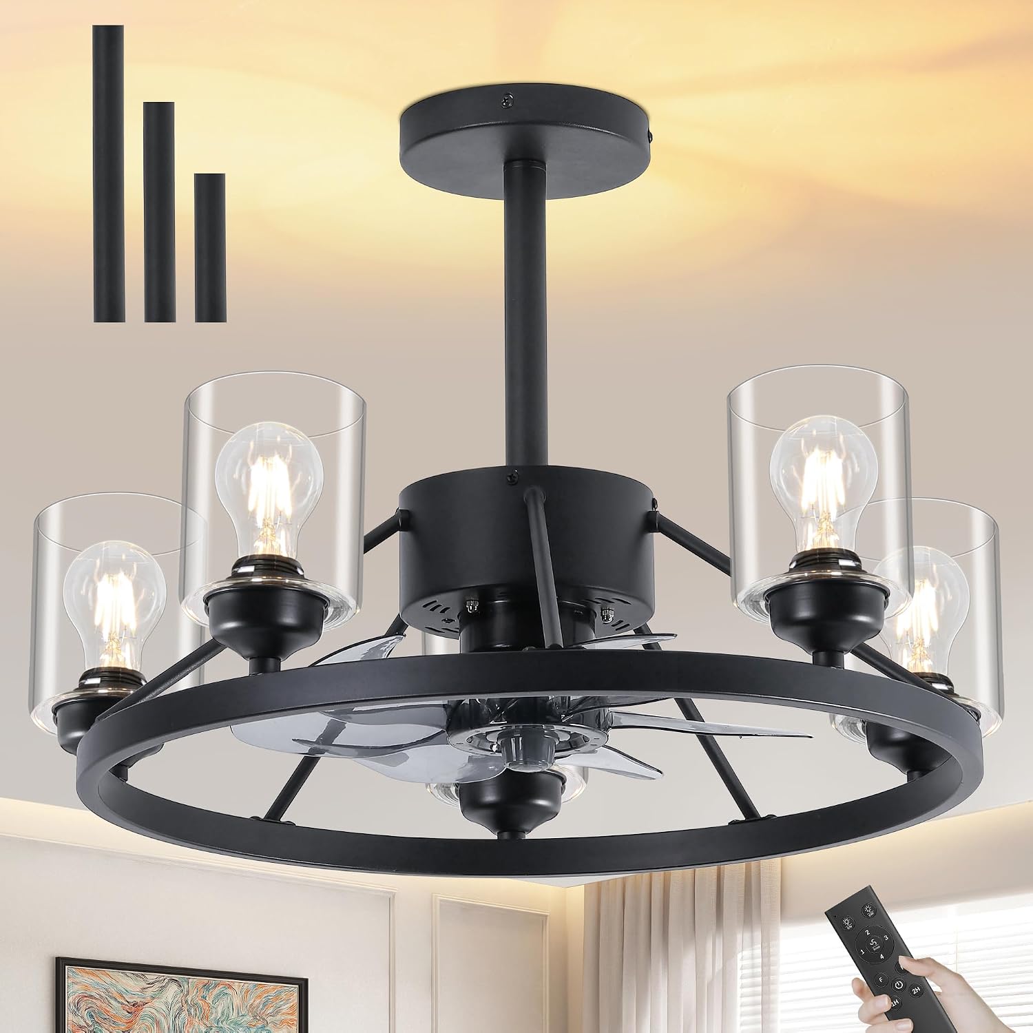 Miuyhji 24' Ceiling Fans with Lights Wagon Wheel Chandelier, Farmhouse Fandelier Black Fans with Glass Lampshade Light Fixture, 6 Speed, Timing, Adjustable Height for Dining Room Living Room