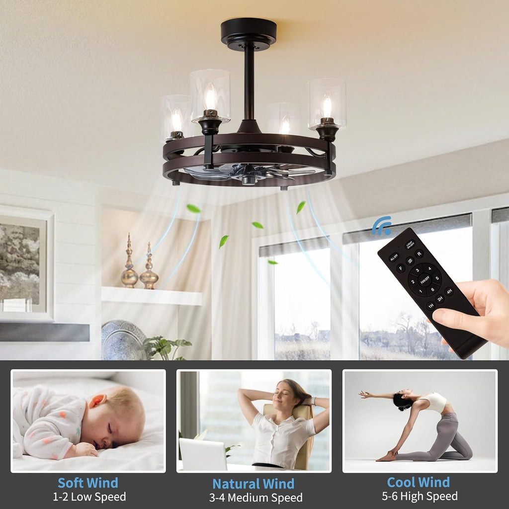Caged Ceiling Fan with Light, 21' Farmhouse Ceiling Fan with Light for Bedroom/Kitchen/Dining/Room, Black Ceiling Fan with Lights Remote Control, DC Motor, Four LED Lights, Indoor, Bronze