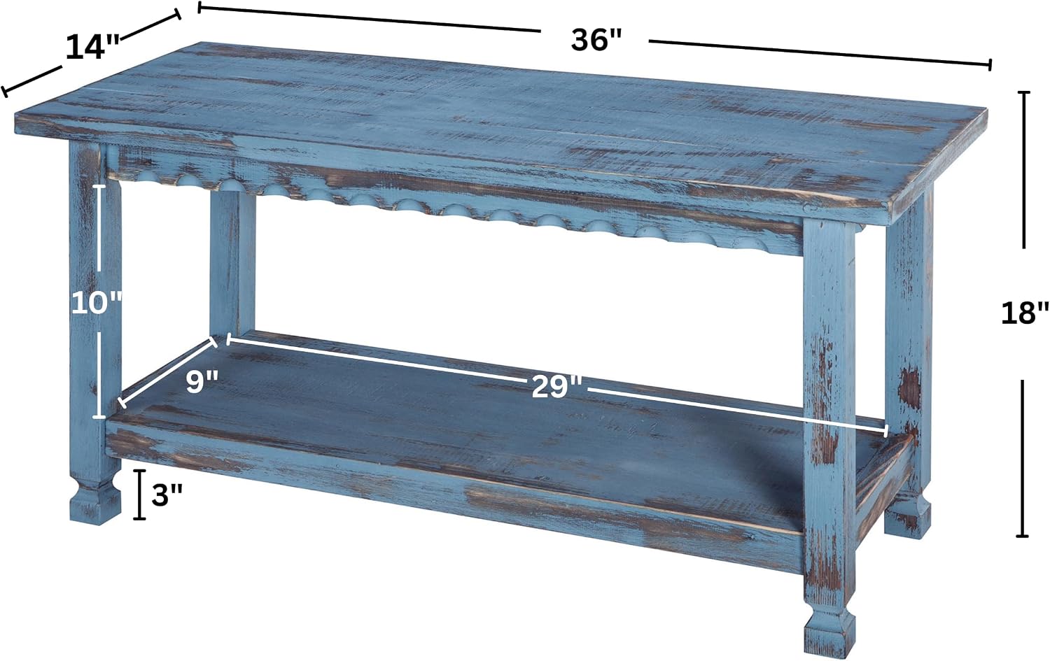 Country Cottage Entryway Bench with Storage Shelf – 36 Inch Solid Wood Farmhouse Bench in Antique Blue Distressed Finish for Rustic Hallway or Living Room Accent by Alaterre Furniture