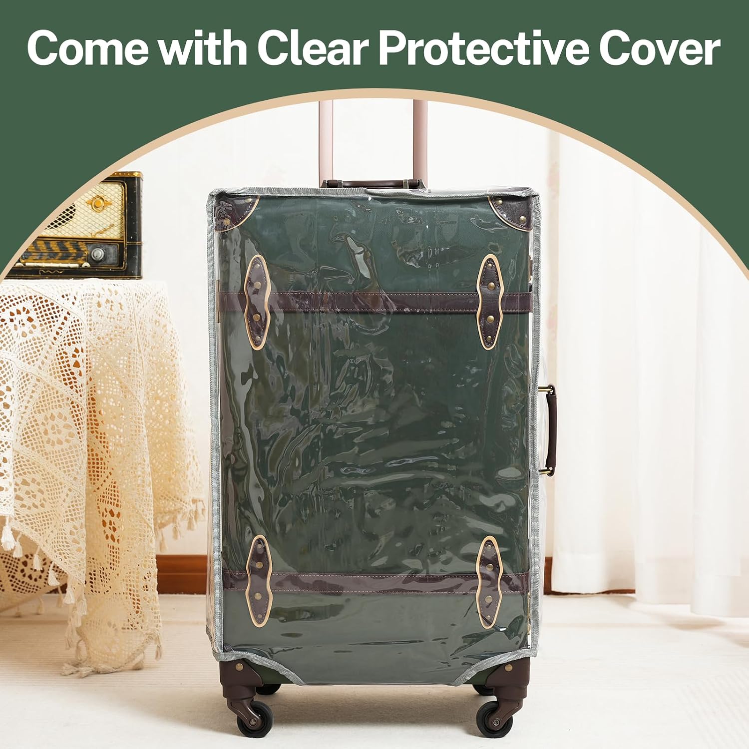 urecity 26' Vintage Luggage Set, 2 Piece Army Green Retro Checked Suitcase with Cosmetic Case, Luxury Vegan Leather Aluminum Frame Spinner Trunk for Women (with Protective Clear Cover)