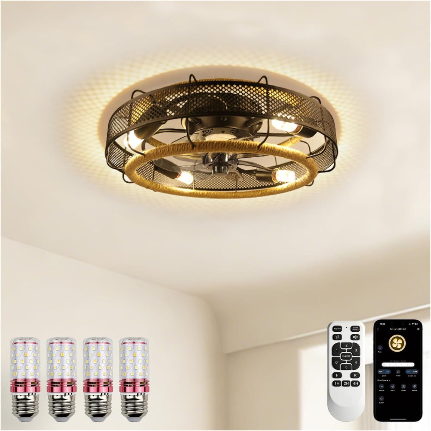 Ceiling Fans with Lights Flush Mount, 20 Inch Caged Low Profile Ceiling Fans with 3 Mode Lighting and Remote Control with E26 Bulbs for Bedroom, Nursery, Garage (Black)