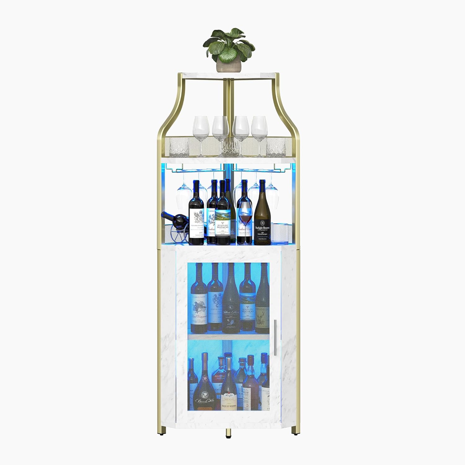 GarveeHome Corner Bar Wine Cabinet with LED Lights, 5-Tier Industrial Wine Cabinet with Glass Holder, Modern Liquor Cabinet with Adjustable Shelf, Home Bar Cabinet with Mesh Door, Gold