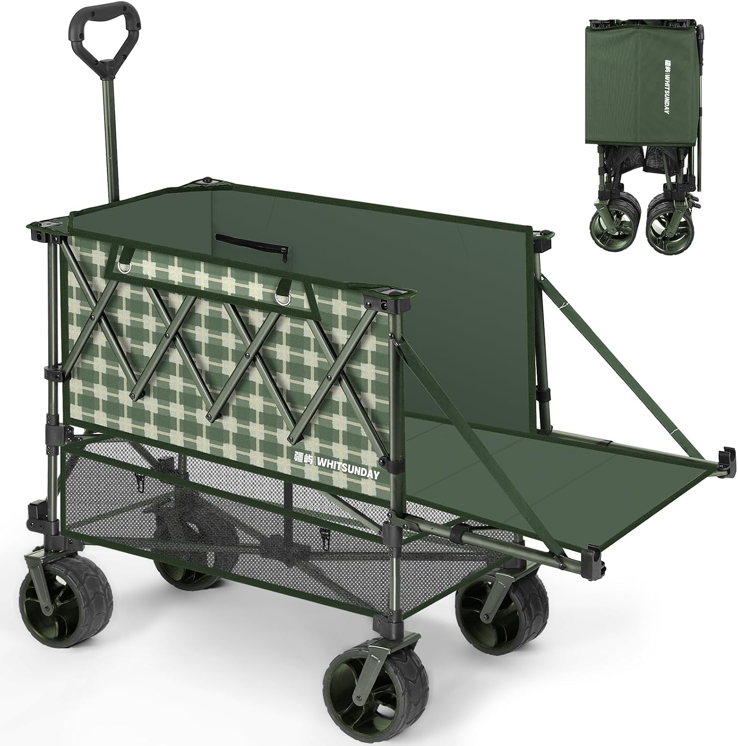 Whitsunday Double Decker Wagon, Heavy Duty Foldable Large Beach Wagon Cart with All-Terrain Big Wheels for Sports,Camping,Outdoor Green