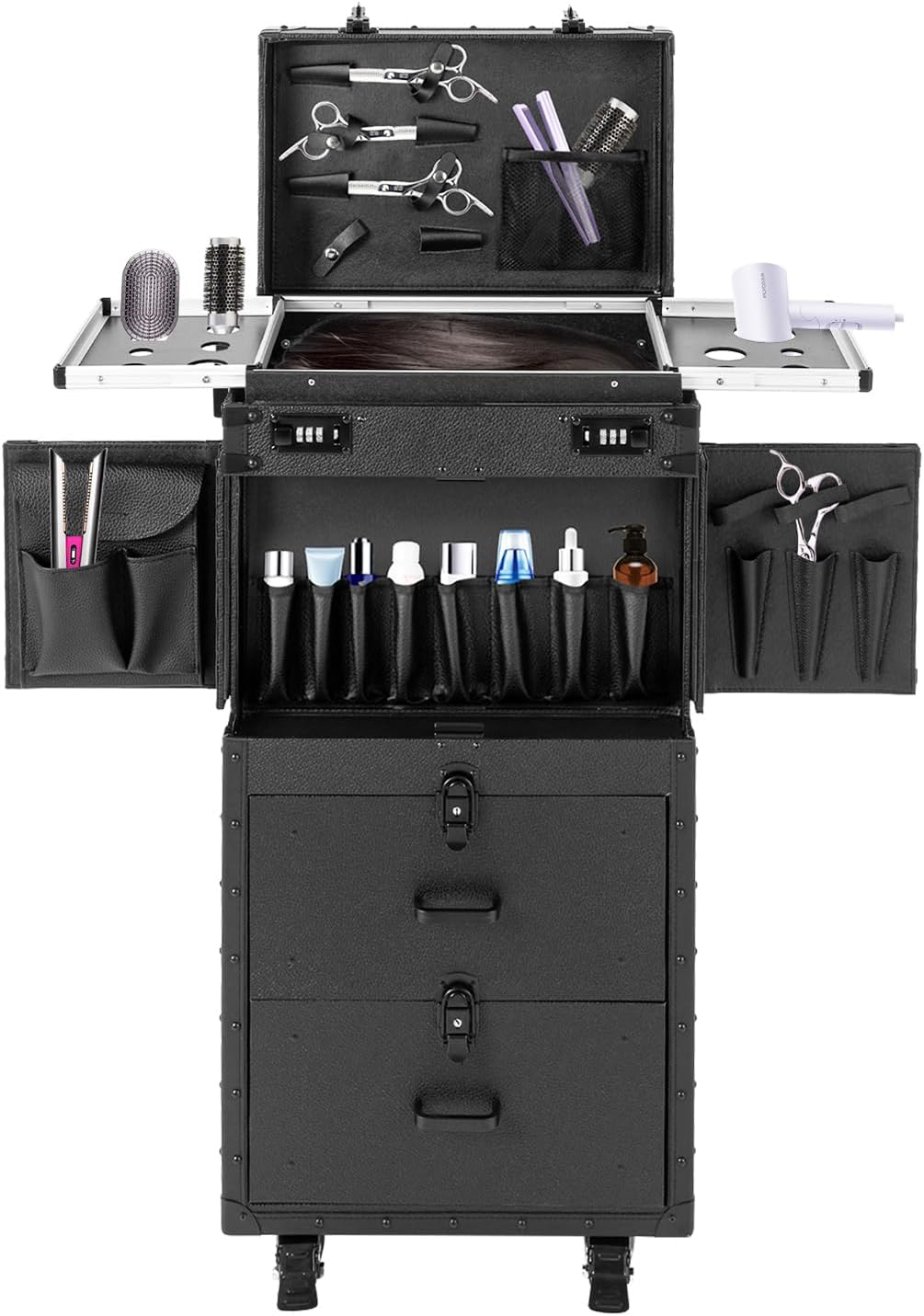 Rolling Lockable Makeup Train Case,Professional Makeup Train Case,Aluminum Cosmetic Case with 360° Swivel Wheels,Multifunction Cosmetics Trolley Train Case