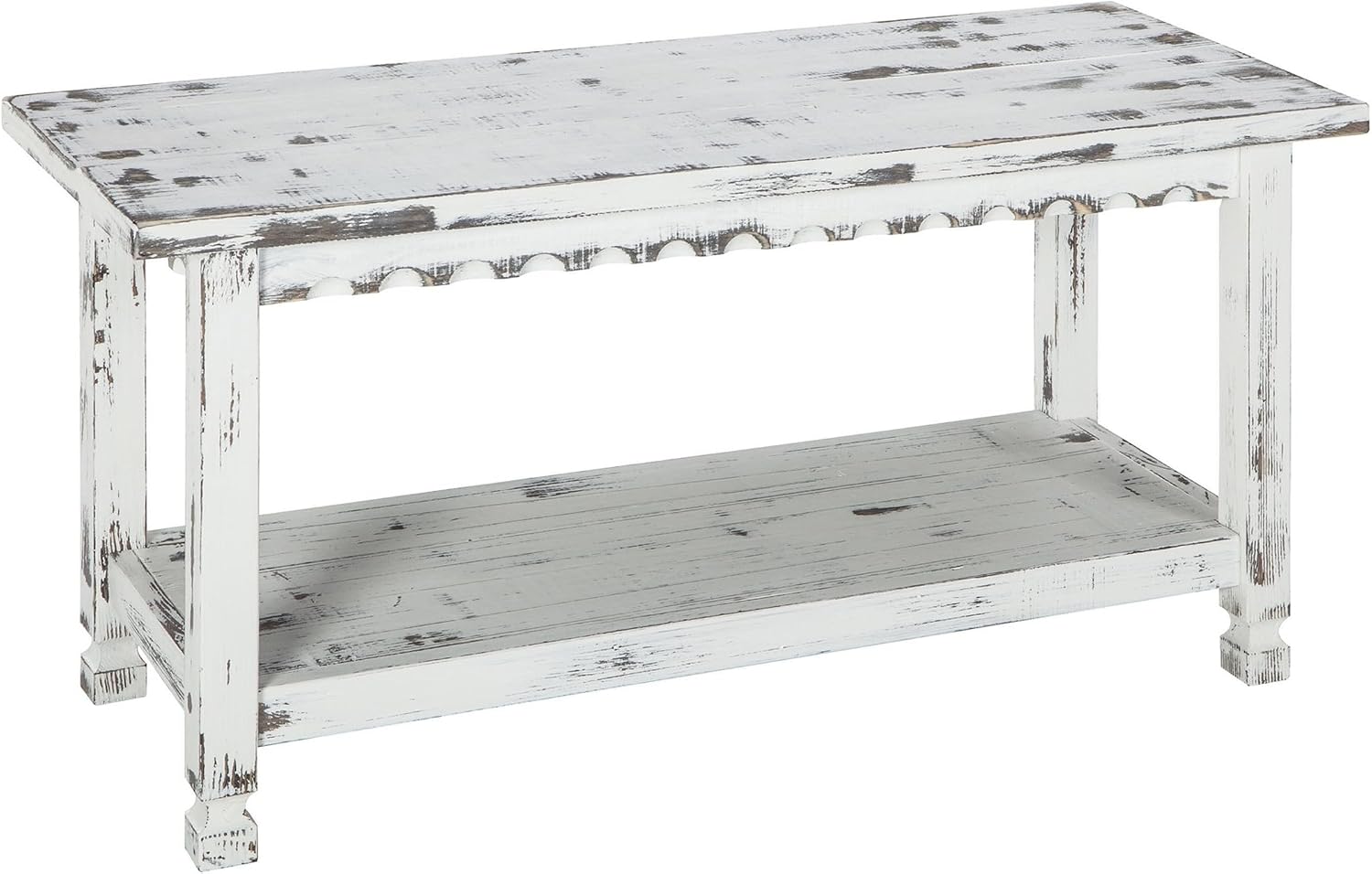 Country Cottage 36-Inch Farmhouse Entryway Bench with Storage Shelf – Solid Pine Wood Bench in Distressed White for Hallway, Bedroom, or Mudroom by Alaterre Furniture