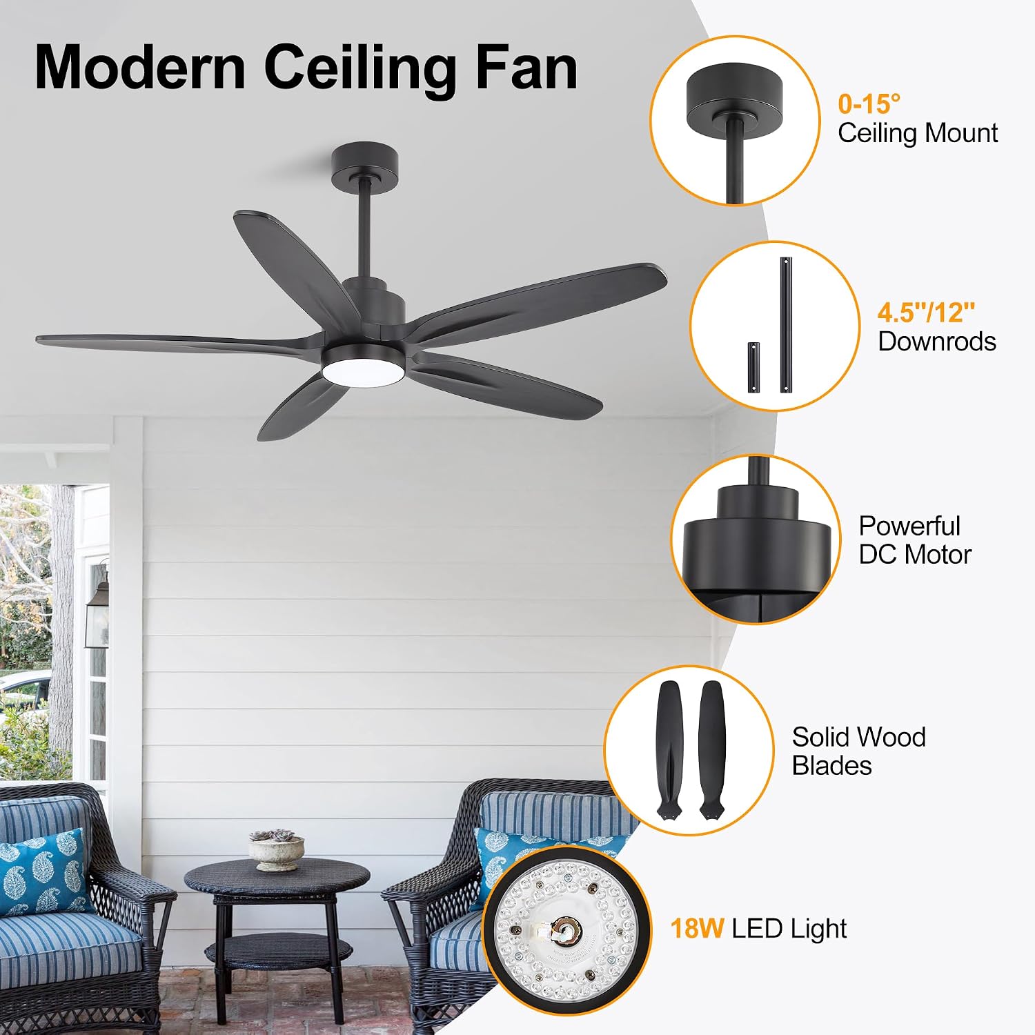 WINGBO 54' Ceiling Fan with Light - 5 Carved Solid Wood Blades, 6-Speed Reversible DC Motor, Dimmable, 3CCT, Noiseless Remote Control Ceiling Fans with Lights for Bedroom Living Room, Matte Black