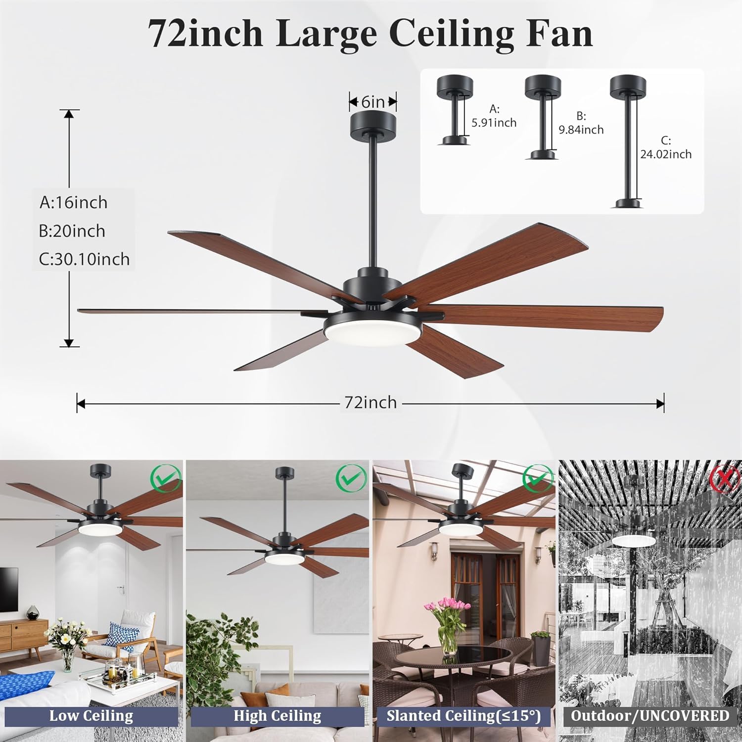 72 inch Ceiling Fans with Lights and Remote Control,Indoor/Outdoor Low Profile Flush Mount Commercial Dimmable Reversible Wood Grain Ceiling Fans for Living Room Patio Shop Industrial.