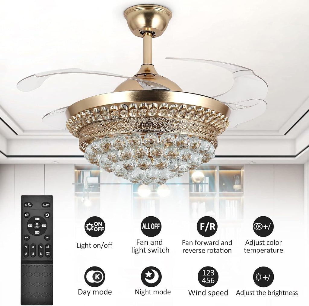 42' Invisible Ceiling Fan Chandelier with Light,Modern Crystal Ceiling Fan Light Remote Control 4 Retractable ABS Blades for Bedroom Living Dining Room Decoration (Golden)
