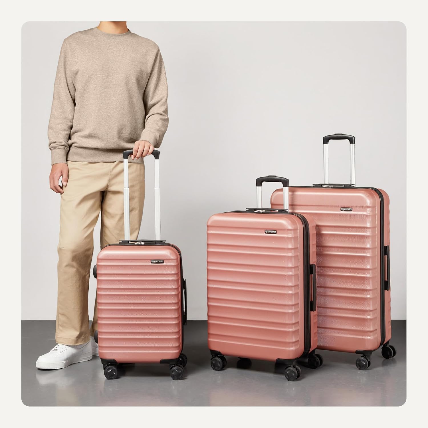 Amazon Basics 3-Piece Hardshell Suitcases Set (21', 26', 30'), Expandable For Up to 25% More Space, With Scratch-Resistant Finish, Four Multi-Directional Wheels, Rose Gold