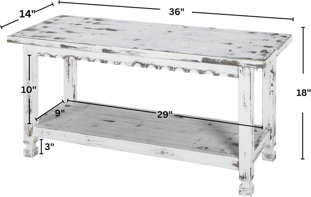 Country Cottage 36-Inch Farmhouse Entryway Bench with Storage Shelf – Solid Pine Wood Bench in Distressed White for Hallway, Bedroom, or Mudroom by Alaterre Furniture
