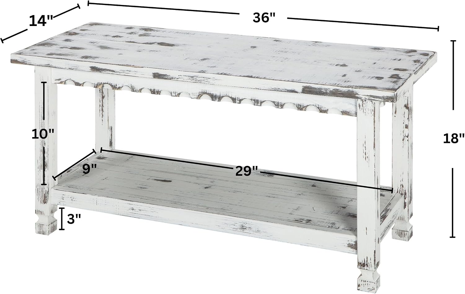 Country Cottage 36-Inch Farmhouse Entryway Bench with Storage Shelf – Solid Pine Wood Bench in Distressed White for Hallway, Bedroom, or Mudroom by Alaterre Furniture