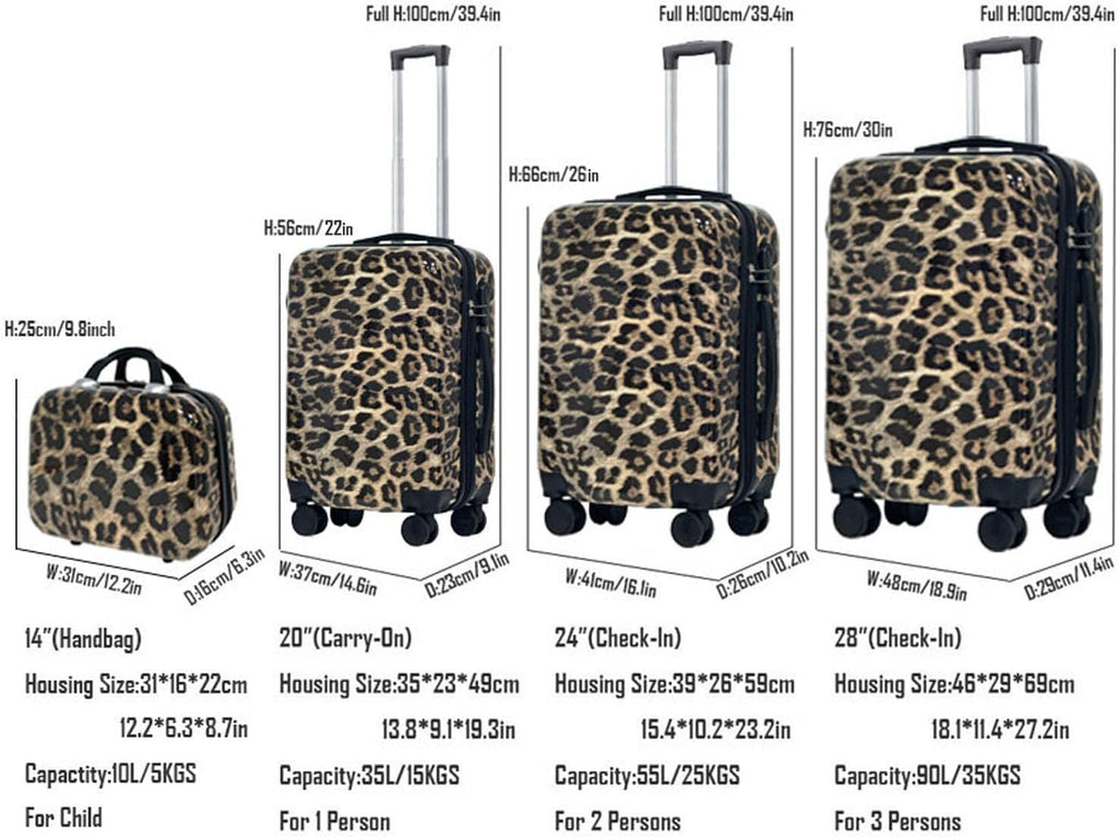 4 Piece Leopard Print Luggage Set - Cheetah Print Hard Shell Suitcases with Spinner Wheels, Animal Print Rolling Luggage for Travel (14' + 20' + 24' + 28')