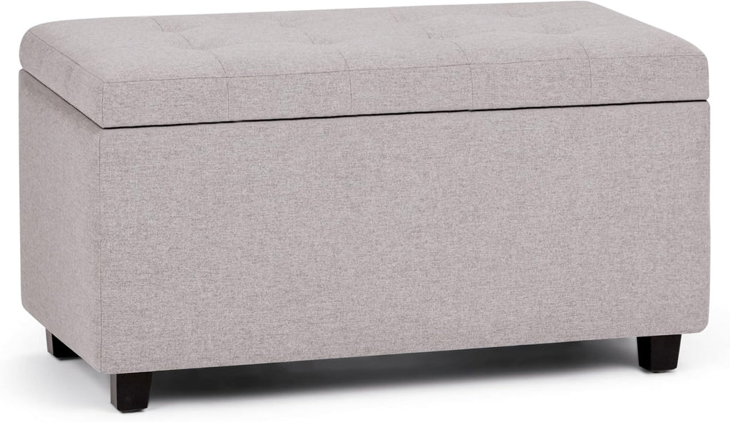 SIMPLIHOME Cosmopolitan Storage Ottoman - 34 inch Wide Upholstered Linen Look Fabric Rectangle Storage Ottoman Bench in Cloud Grey, Transitional Tufted Ottoman for Living Room with Lift-Up Lid