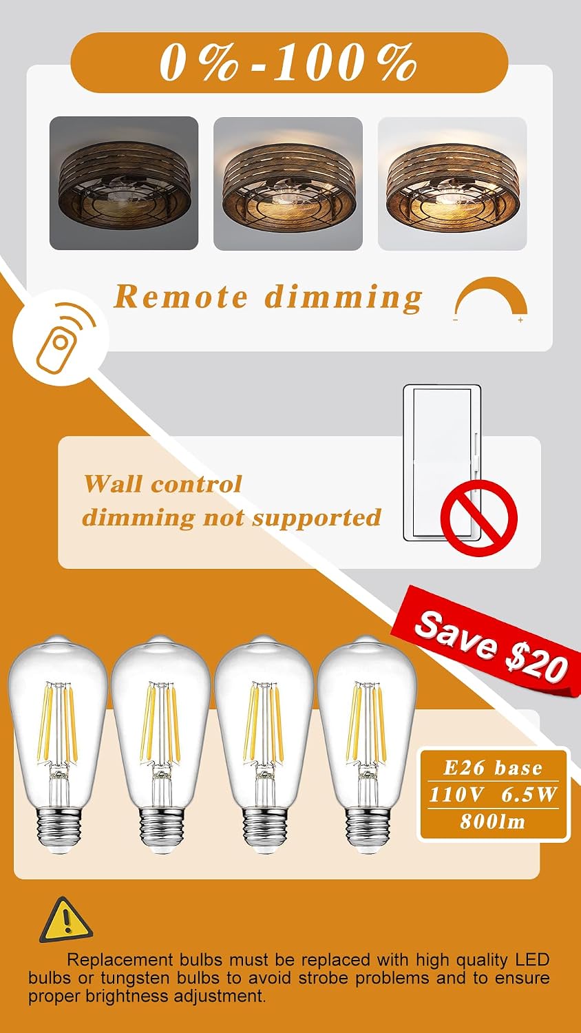 20'' Flush-Mount Smart Ceiling Fan with Dimmable-Light and Memory Remote APP/Alexa Control, Reversible-Motor, Perfect for Bedroom, Kitchen, Low-Profile Bronze Design Cage
