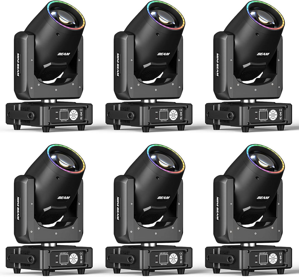 6 Pack 230W 7R Moving Head Stage Lights 14Gobos 14 Colors Prisms/Wash/Beam/Frost/Rainbow Stage Effect Spotlights 48-Facet Prism 2.3° Beam Angle 18CH DMX512 Sound Activated Lights
