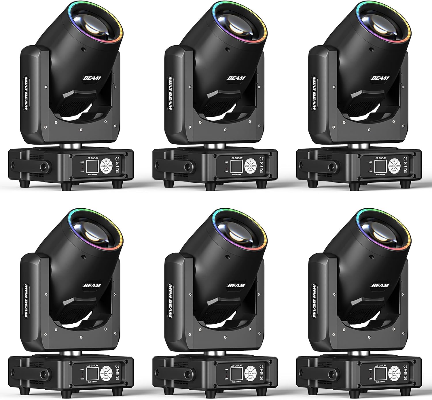 6 Pack 230W 7R Moving Head Stage Lights 14Gobos 14 Colors Prisms/Wash/Beam/Frost/Rainbow Stage Effect Spotlights 48-Facet Prism 2.3° Beam Angle 18CH DMX512 Sound Activated Lights