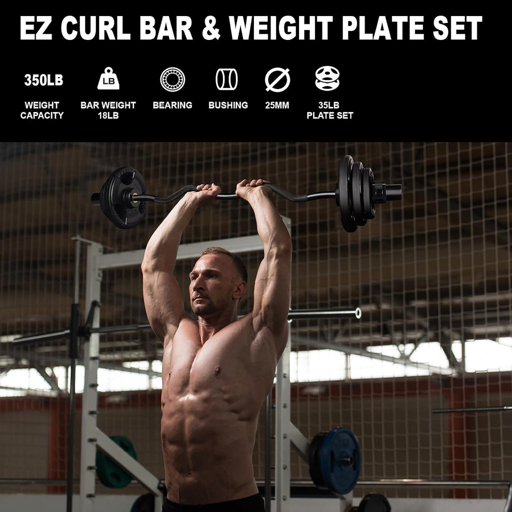 LIONSCOOL EZ Curl Bar Weight Set, 2 Inch Easy Curl Barbell with Weight Plates for Strength Training, Olympic Weightlifting, Squats, Curls, Deadlifts, Presses, Hip Thrusts, 350lbs/700lbs Weight Capacity