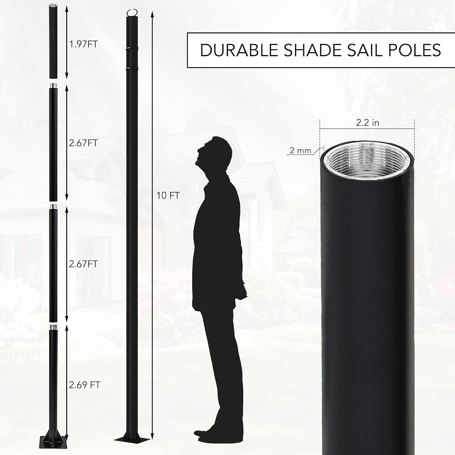2 Pack 10Ft Shade Sail Poles, Heavy Duty Sun Shade Poles with D-Ring Clamps, Metal Post Pole Kit for Sun Shade Sail String Light Garden Yard Backyard Ground Grassland