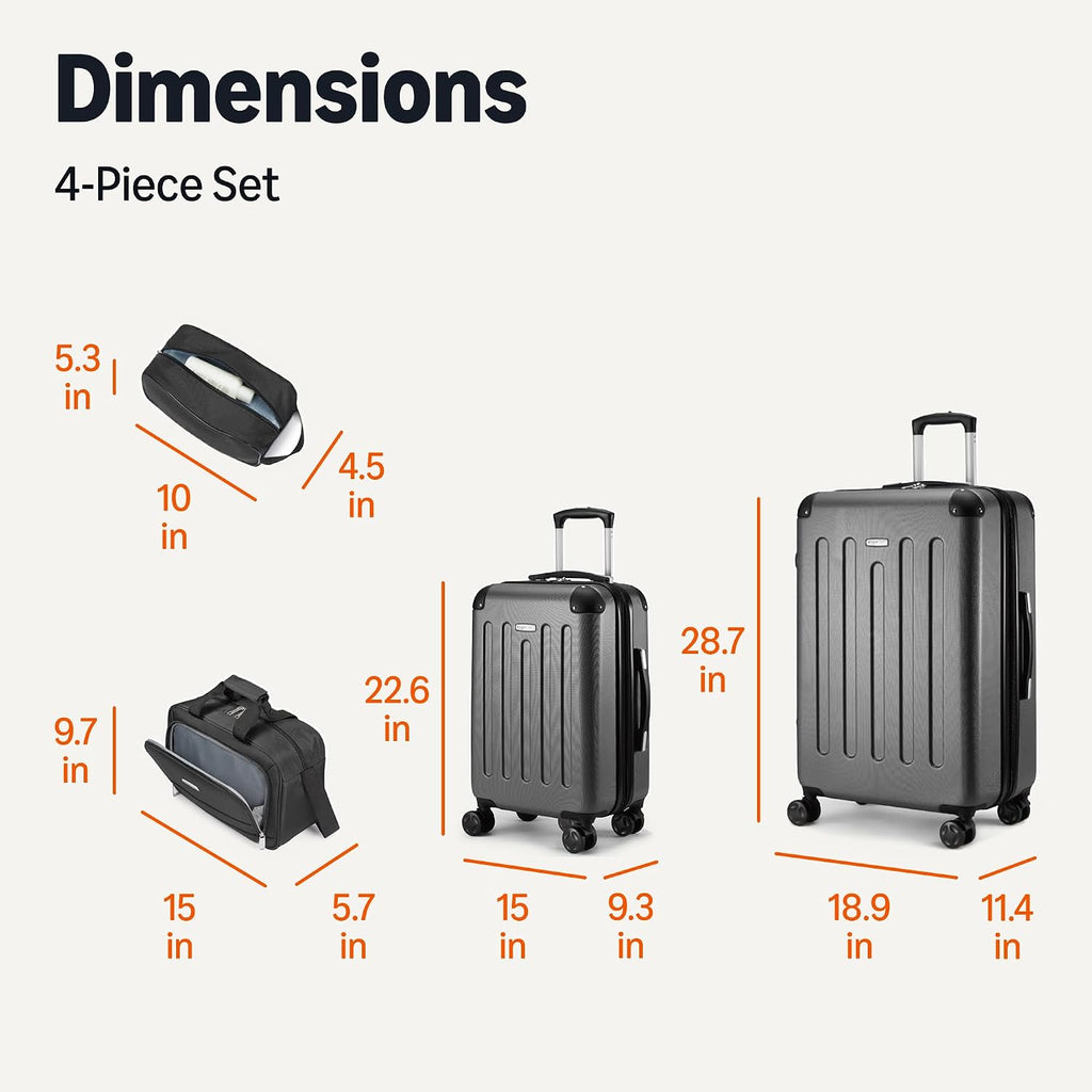 Amazon Basics 4-Piece Luggage Set, Hardside Suitcases with Spinner Wheels (22' Carry On & 28' Checked), Tote Bag & Travel Bag, Black