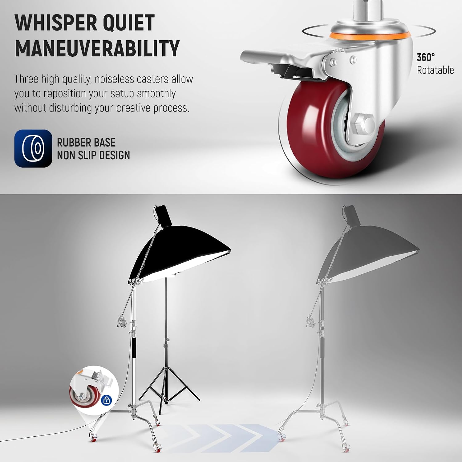 NEEWER Stainless Steel Heavy Duty C Stand with Swivel Casters, 43'-73'/110-186cm Photography Light Stand with 33'/83cm Boom Arm, 2 Grip Heads for Studio Monolight, Softbox, Reflector, SC186W