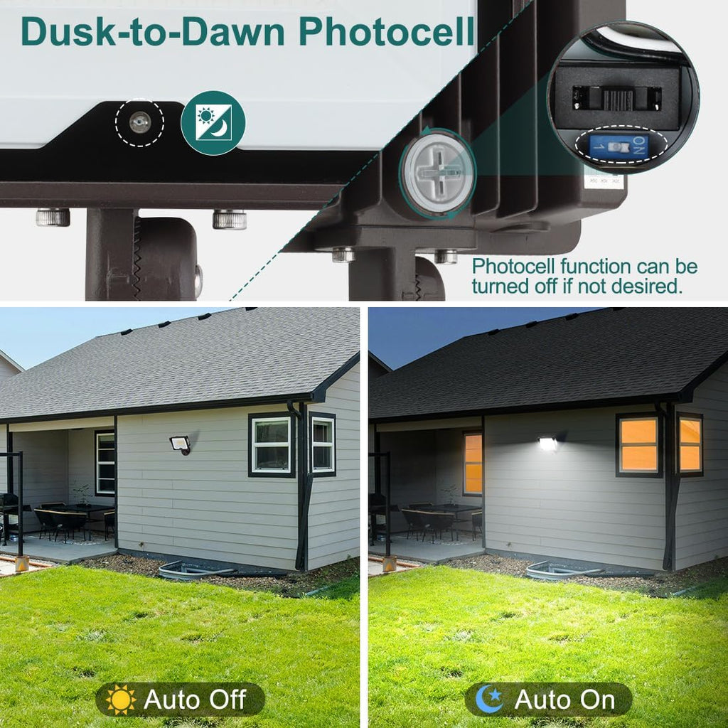 kadision 55W LED Flood Light with Dusk-to-Dawn Photocell, 3000K/4000K/5000K Selectable, 120V 6600lm IP65 Waterproof Knuckle Mount Outdoor Security Lights, ETL Listed, 4-Pack